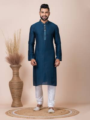 Blue Solid Jacquard Kurta Set For Men 1