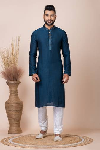 Blue Solid Jacquard Kurta Set For Men