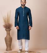 Blue Solid Jacquard Kurta Set For Men