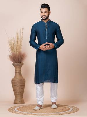 Blue Solid Jacquard Kurta Set For Men 2