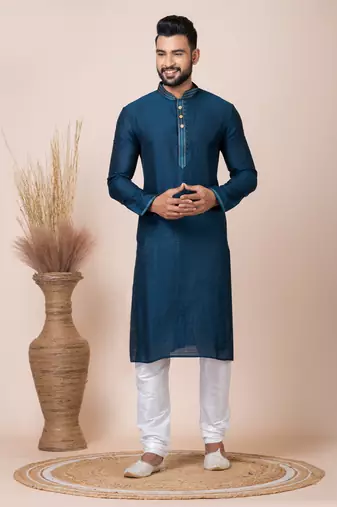 Blue Solid Jacquard Kurta Set For Men