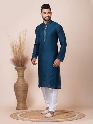 Blue Solid Jacquard Kurta Set For Men 3
