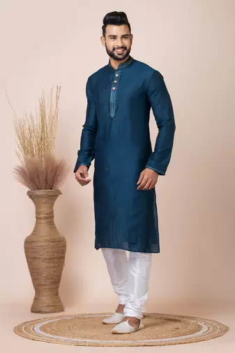 Blue Solid Jacquard Kurta Set For Men