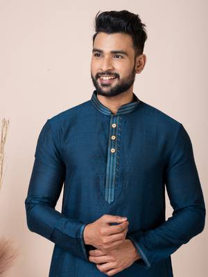 Blue Solid Jacquard Kurta Set For Men 4