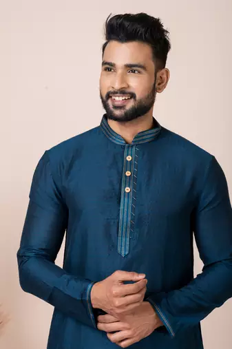 Blue Solid Jacquard Kurta Set For Men