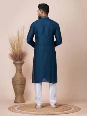 Blue Solid Jacquard Kurta Set For Men 5