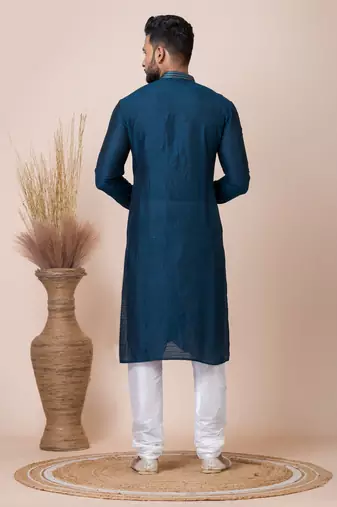 Blue Solid Jacquard Kurta Set For Men