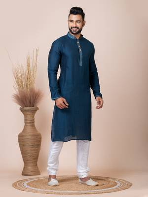 Blue Solid Jacquard Kurta Set For Men 6
