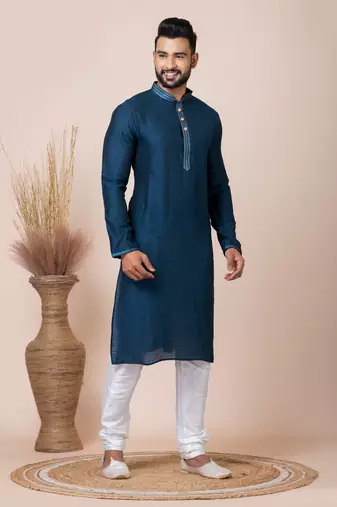 Blue Solid Jacquard Kurta Set For Men