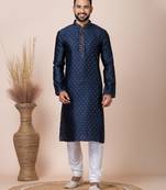 Blue Solid Jacquard Kurta Set For Men