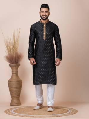 Black Solid Jacquard Kurta Set For Men 1