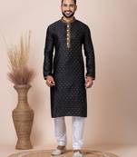 Black Solid Jacquard Kurta Set For Men