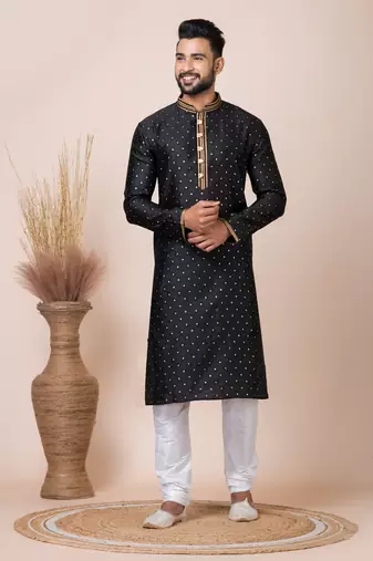 Black Solid Jacquard Kurta Set For Men