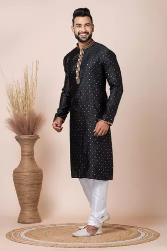 Black Solid Jacquard Kurta Set For Men