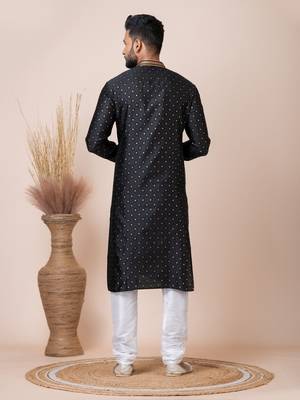 Black Solid Jacquard Kurta Set For Men 4