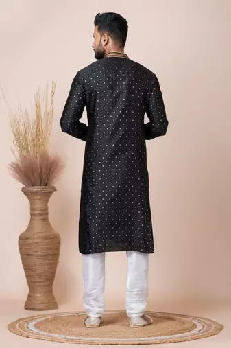 Black Solid Jacquard Kurta Set For Men