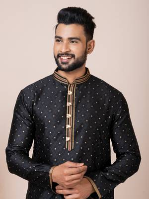 Black Solid Jacquard Kurta Set For Men 5