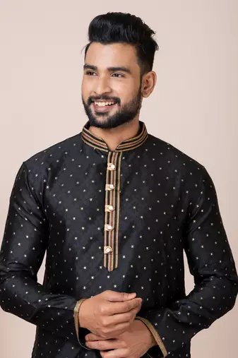 Black Solid Jacquard Kurta Set For Men