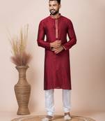 Maroon Solid Jacquard Kurta Set For Men
