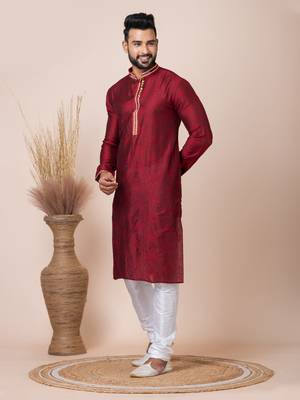 Maroon Solid Jacquard Kurta Set For Men 2