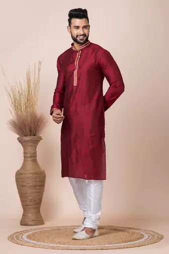 Maroon Solid Jacquard Kurta Set For Men