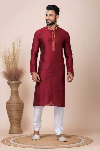 Maroon Solid Jacquard Kurta Set For Men