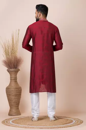 Maroon Solid Jacquard Kurta Set For Men