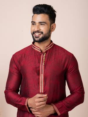 Maroon Solid Jacquard Kurta Set For Men 5