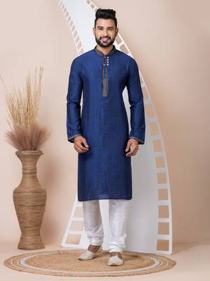 Blue Solid Jacquard Kurta Set For Men 1