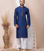 Blue Solid Jacquard Kurta Set For Men