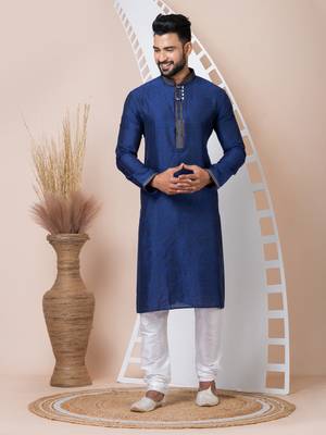 Blue Solid Jacquard Kurta Set For Men 2