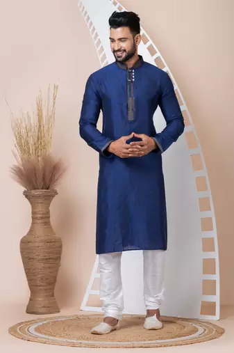 Blue Solid Jacquard Kurta Set For Men