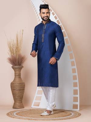Blue Solid Jacquard Kurta Set For Men 3