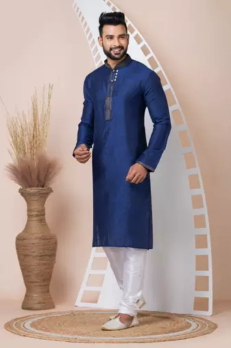 Blue Solid Jacquard Kurta Set For Men