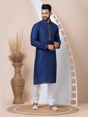 Blue Solid Jacquard Kurta Set For Men 4