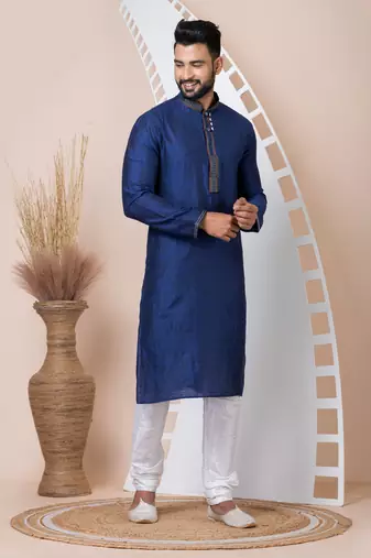 Blue Solid Jacquard Kurta Set For Men