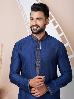 Blue Solid Jacquard Kurta Set For Men 5