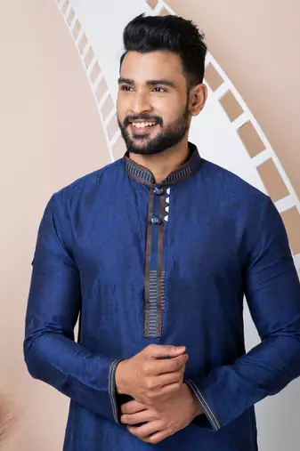 Blue Solid Jacquard Kurta Set For Men