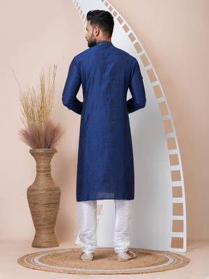 Blue Solid Jacquard Kurta Set For Men 6