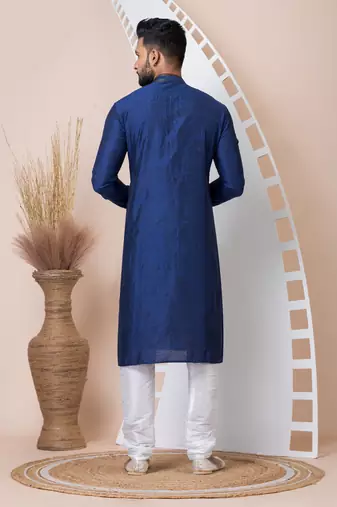 Blue Solid Jacquard Kurta Set For Men