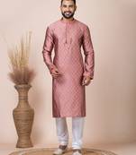 Peach Solid Jacquard Kurta Set For Men