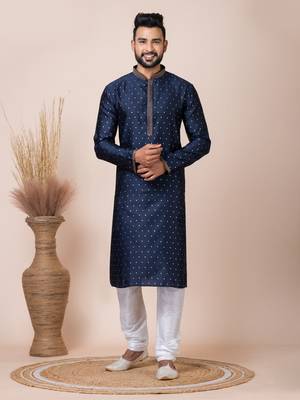 Blue Solid Jacquard Kurta Set For Men 1