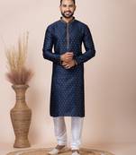 Blue Solid Jacquard Kurta Set For Men