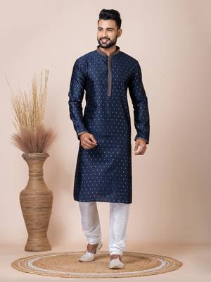 Blue Solid Jacquard Kurta Set For Men 2