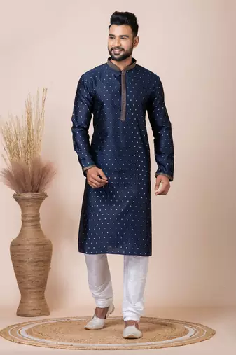 Blue Solid Jacquard Kurta Set For Men