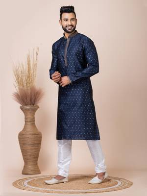 Blue Solid Jacquard Kurta Set For Men 3