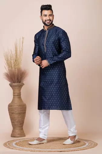 Blue Solid Jacquard Kurta Set For Men