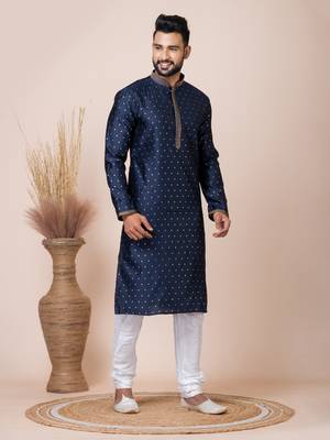 Blue Solid Jacquard Kurta Set For Men 4