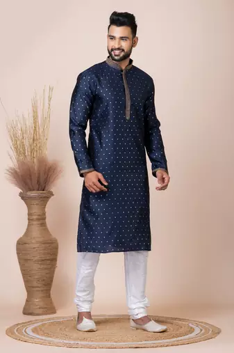 Blue Solid Jacquard Kurta Set For Men
