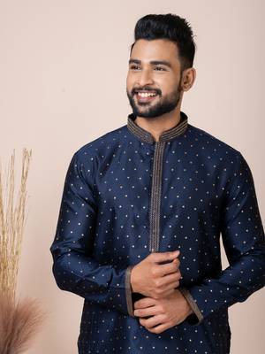 Blue Solid Jacquard Kurta Set For Men 5